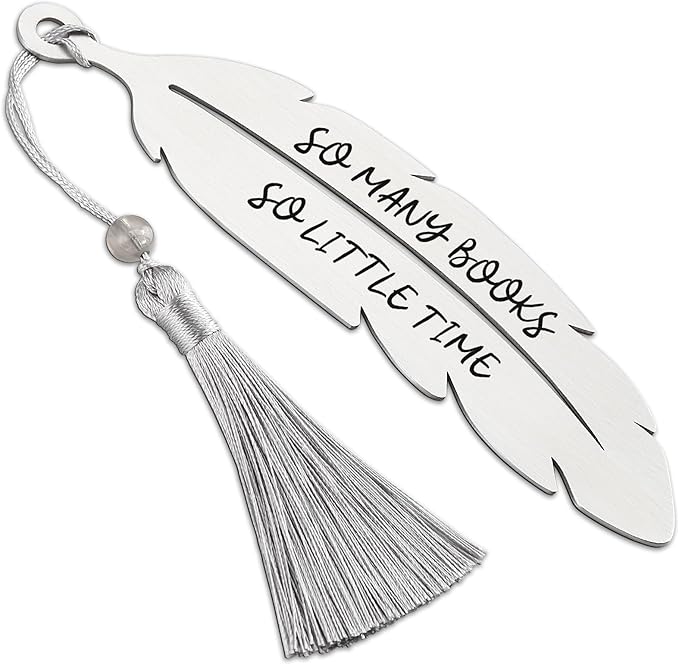 “So Many Books So Little Time” Quote Bookmark Gifts, Inspirational Reading Gifts for Book Lovers, Teachers, Students, Librarians, Women Men Readers, Feather Metal Bookmark with Tassel VBK210