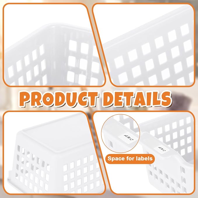 Domensi White 12 Pcs Slim Plastic Storage Baskets for Organizing 11.6" x 5" x 3.4" Small Narrow Storage Bins with Handles & Label Area Thin Pencil Trays for Bathroom Drawer Office Desk Closet