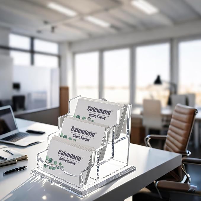 Acrylic Business Card Holder for Desk, Clear, Horizontal, 3-Slot