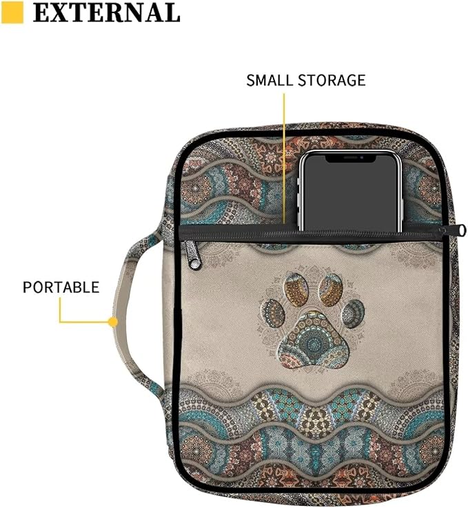 Suobstales Boho Paw Print Bible Cover Bible Case for Women Men Lightweight Carrying Book Cover Church Bag Bible Protective Bag with Handle and Zippered Pocket