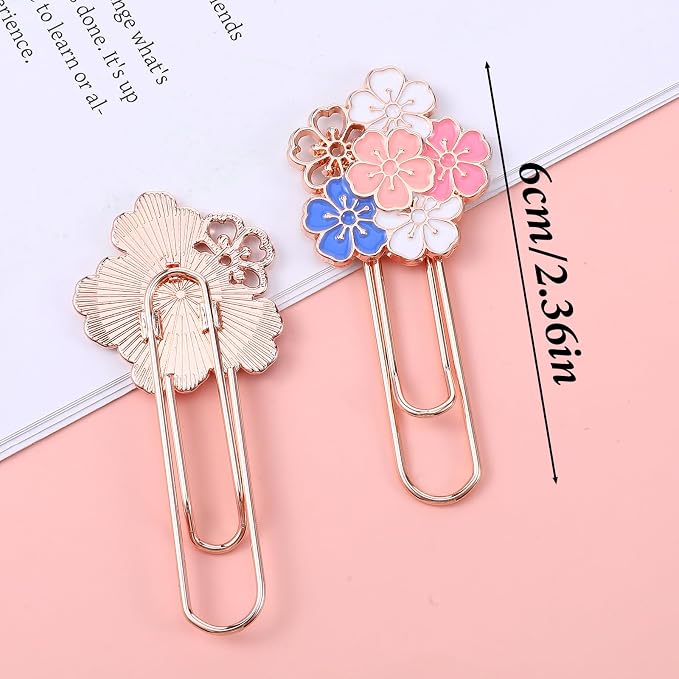 7Pcs Flower Paper Clips Cherry Blossom Clip, Decorative Fancy Paper Clips, Flowers Paper-Clips Bookmarks Cute Metal Paperclip Bookmark for Teacher Office Desk Stationery Accessories