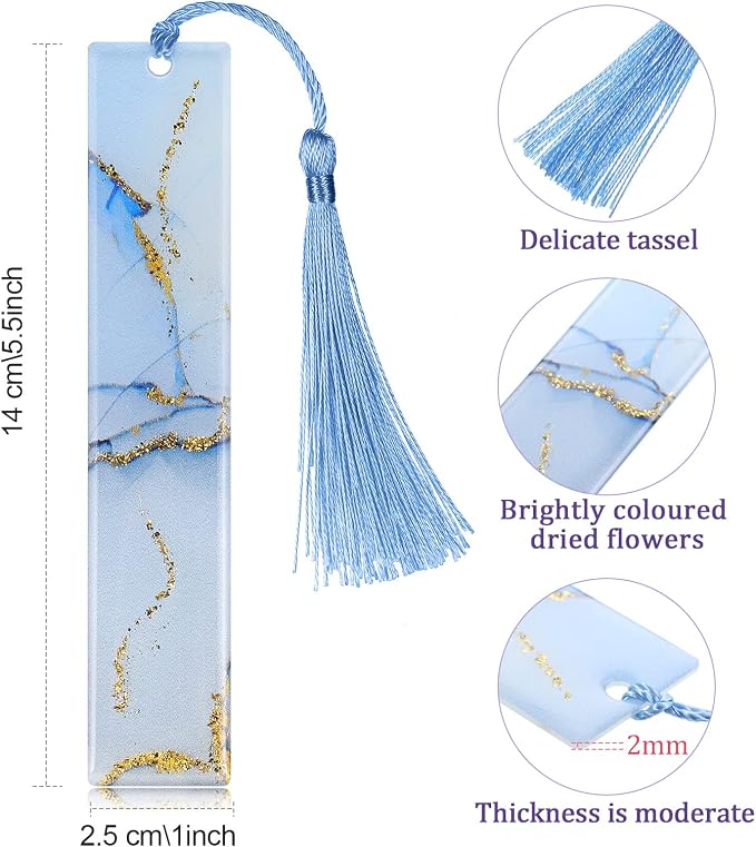 4 Pieces Glittering Dried Flowers Resin Bookmarks Handmade Transparent Page Marker with Tassel for Adults Students School, Office, Home Supplies, Graduation Gifts(Gilding Style)
