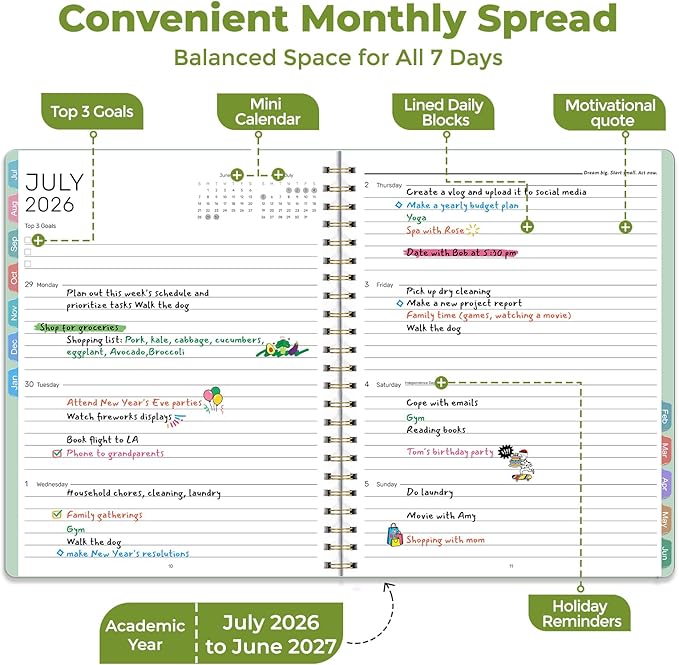 Vinspire 2026 Planner - Yearly, Monthly, and Weekly Planner 2026-2027 for Teachers & Students - Spiral US Academic Year Student Calendar Planners with Notes Pages 2026 Planner Weekly and Monthly - Large (Green, 8.5"×11")