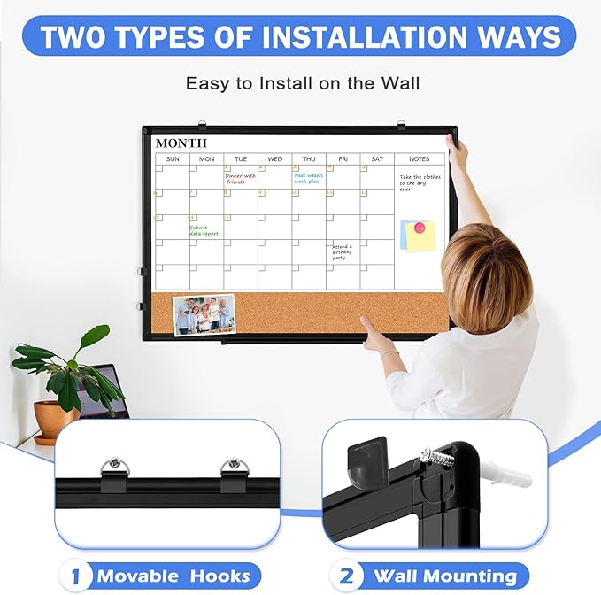 Monthly Calendar Whiteboard Dry Erase Cork Board Combo for Wall, 30" x 20" Double-Sided Calendar White Board and Bulletin Board with Black Aluminium Frame, Planning Board for Office, Home, School