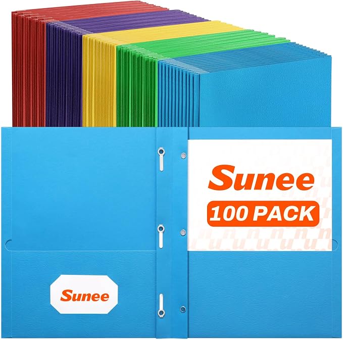 SUNEE 2 Pocket Folders with Prongs (100 Pack, 5 Colors), Paper Folders with 2 Pockets and 3 Prongs Fit Letter Size Paper, Folders with Prongs for School Office Home Business