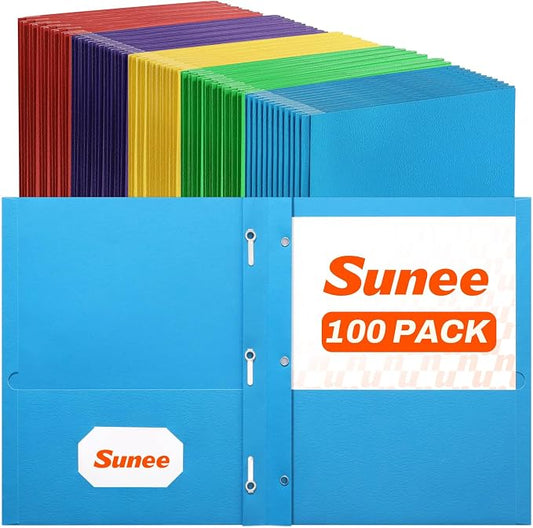 SUNEE 2 Pocket Folders with Prongs (100 Pack, 5 Colors), Paper Folders with 2 Pockets and 3 Prongs Fit Letter Size Paper, Folders with Prongs for School Office Home Business