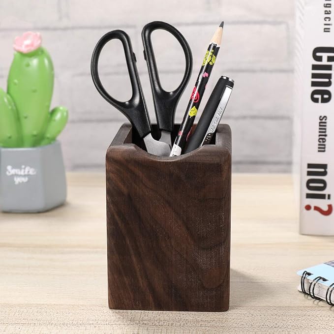 Toyvian Wooden Pen Box Multiple-Use Desk Organizer Eco Natural Wood Storage Box (Black Walnut)