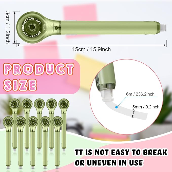Gersoniel 10 Pack Correction Tape Pen Correctional Ink Tape Push Pull Protective, Easy to Use Applicator for School Office Supplies, 0.2 x 236 Inch (Green Color)