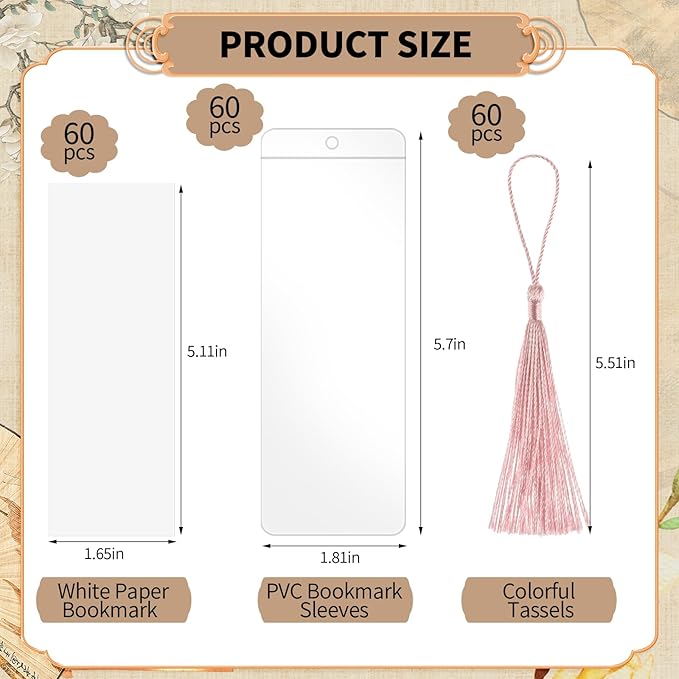 60 Sets Kraft Paper Blank Bookmarks with Tassels, Cardstock DIY Bookmark Making Kit, DIY Projects Party Favor Gift Tag Bulk PVC Tags, 60 Bookmarks 60 Clear Bookmark Sleeves 60 Tassels