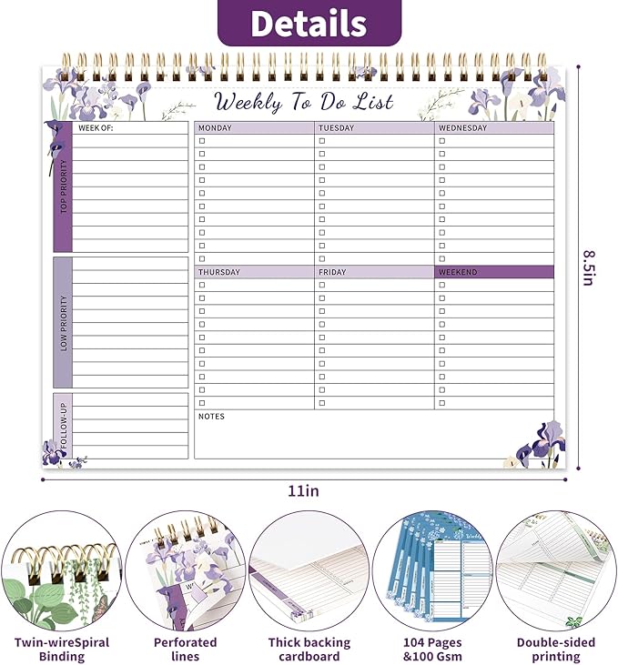104 Pgs Weekly To Do List Notepad, 52 Duplex-Printed Undated Sheets 100 GSM（8.5"×11") Weekly Desk Planner For Work Home School Office Desk Accessories Supplies & Goal Setting Tasks - Purple Iris