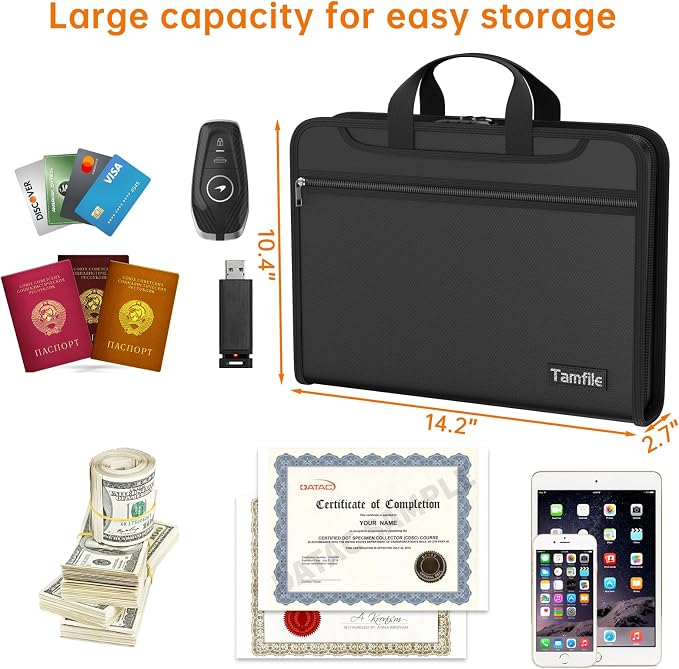 Fireproof Accordion File Organizer with Lock, 5200℉ Document Organizer | Thickened, 13 Colorful Pocket, with Zipper & Labels, Important Document Organizer, Expanding File Folder, with Handle, Black