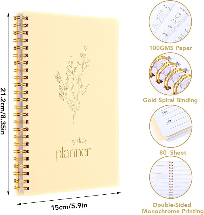 Thboxes Undated Daily Planner with Hourly Schedule, 5.71" X 8.35" Daily To DO List Noteboook Set Goals A5 Daily Personal Organizer Notepad School Work Office Improve Efficiency Planner, Light Brown