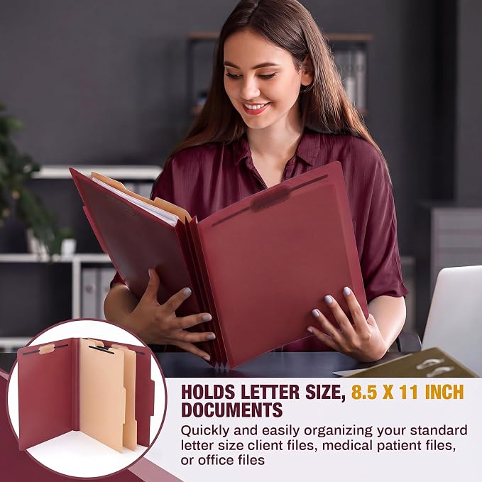 12 Pack Plastic Classification Folders with 2 Dividers & Fasteners, Heavy Duty 3.5” Expansion Letter Size File Folders for Law Client Files, Medical Records & Office Reports(Dark Red)