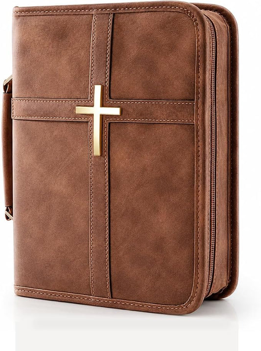 Bible Cover for Men and Women, PU Leather Large Bible Bag with Handle & Shoulder Strap, Bible Carrying Case with Cross Design and Pockets for Church, Bible Study & Christian Gifts, Brown