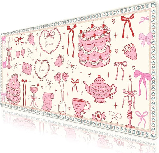 Desk Pad for Keyboard and Mouse, Large Mouse Pad for Desk, Non-Slip Keyboard Mat, Computer Mats for Desk, Cute Desk Pad with Stitched Edges for Office, Gaming I Kawaii Pink Bow Heart