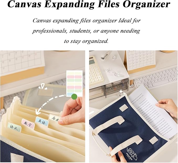 Accordion File Organizer with Handle,13 Pockets Expanding File Folder, Waterproof Oxford Canvas Organizer Accordion File Keeper for Letter Size / A4 File, for Office, School (Beige)
