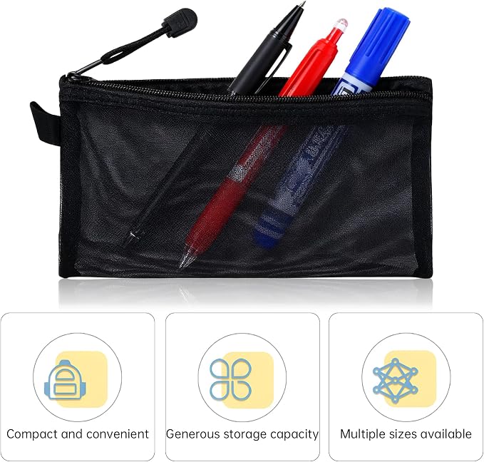 4 Sizes Mesh Pouch, Nylon Mesh Bags With Zipper, Waterproof Clear Purse Organizer Pouches for Travel, Multipurpose Cosmetic Pouch for Office School Puzzles Home Organization - Black