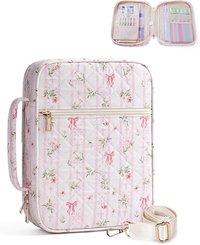 WANDF Bible Cover Case for Women, Quilted Bible Bag with Strap (M,Pink) | Large Capacity, Bible Study Supplies, Church Service, Journaling Accessories, Christian Gifts