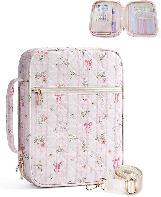 WANDF Bible Cover Case for Women, Quilted Bible Bag with Strap (M,Pink) | Large Capacity, Bible Study Supplies, Church Service, Journaling Accessories, Christian Gifts