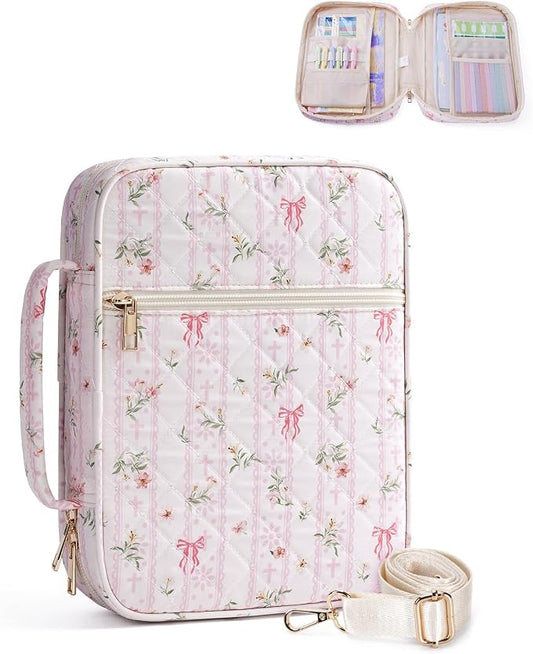 WANDF Bible Cover Case for Women, Quilted Bible Bag with Strap (L,Pink) | Large Capacity, Bible Study Supplies, Church Service, Journaling Accessories, Christian Gifts