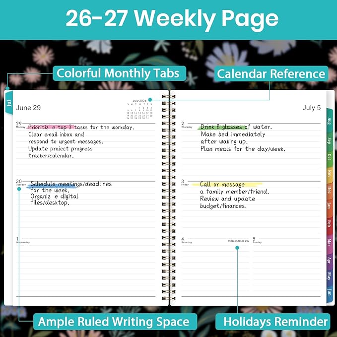 Planner 2026-2027 - 2026-2027 Planner Weekly and Monthly 9" x 11", JULY 2026 - JUNE 2027, Academic Planner 2026-2027, Monthly Calendar Planner with Colorful Tabs, Spiral Binding, Pocket - Black