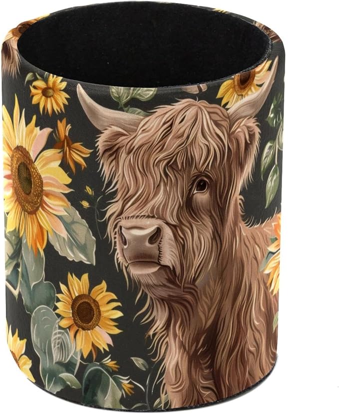 Pen Holder for Desk, Highland Cow Sunflowers Pencil Holder Desk Organizer, Large Capacity Pen Cup Makeup Brush Holders Desktop Office Supplies Storage Organizer