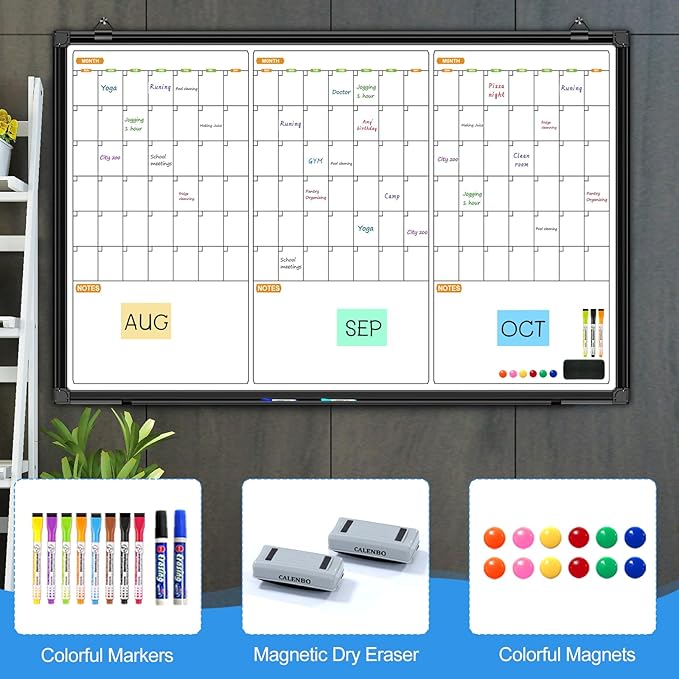 Quarterly Wall Calendar Whiteboard, 48" X 28" Magnetic Dry Erase Calendar for Wall, 3 Month Whiteboard Calendar for Wall with 2 Eraser, 10 Marker, 12 Magnet