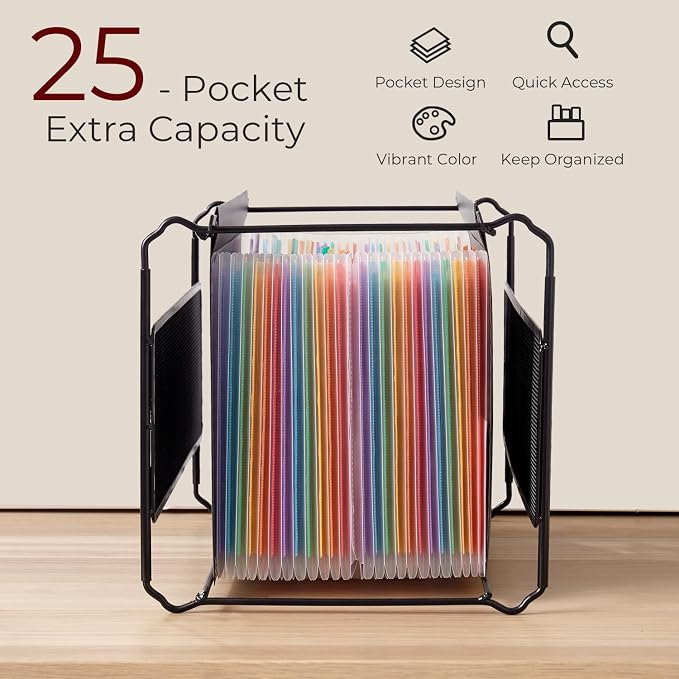 Y YOMA Plastic Expanding Hanging File Folders, 25 Innovative 1.2" Accordian Pockets, Extra Capacity, Legal Size Heavy Duty Filing Cabinet Folders - 1 Pack, Black