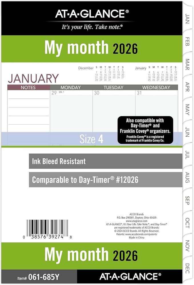 AT-A-GLANCE 2026 Planner Refill, Monthly, 5-1/2" x 8-1/2", Desk Size 4, Loose-Leaf, Unruled Blocks (061-685Y-26)