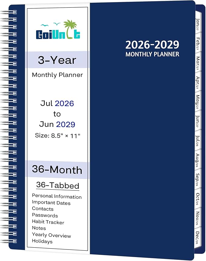 Monthly Planner 2026-2029, 36 Months Calendar Planner 2026-2029 from Jul 2026 – Jun 2029, 8.5'' x 11'' with Ruled Spread, Flexible Cover, Spiral Wirebound, Pocket, Coated Tabs, Notes ＆ Habit Tracker