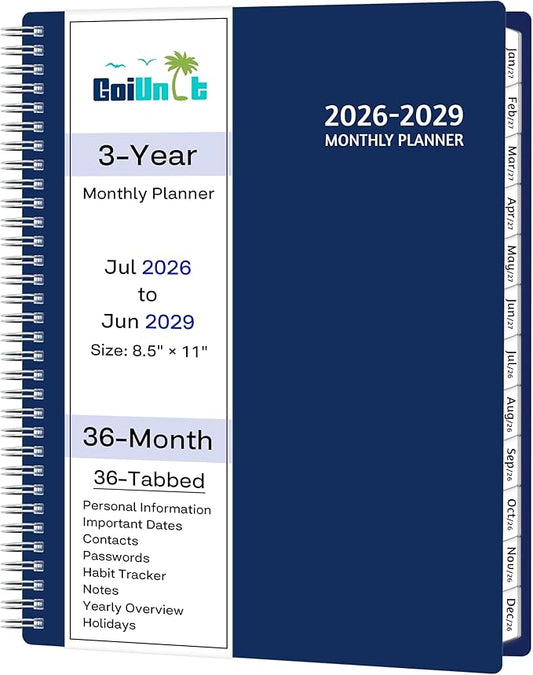 Monthly Planner 2026-2029, 36 Months Calendar Planner 2026-2029 from Jul 2026 – Jun 2029, 8.5'' x 11'' with Ruled Spread, Flexible Cover, Spiral Wirebound, Pocket, Coated Tabs, Notes ＆ Habit Tracker