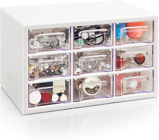 Desk Storage Organizer with 9 Drawers, FODIENS Stackable Desktop Craft Drawer Cabinet, Clear Storage Box Caddy for Makeup Jewelry Office Craft Supplies (9.84×6.3×5.9in) (White)