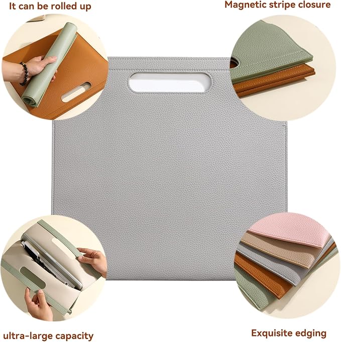 Premium PU Leather Waterproof File Folder & File Jackets & File Pockets Easy to Clean Document Organizer, Multi-Color Options, 13.34x12.56in, Ideal for Students & Professionals (Grey)