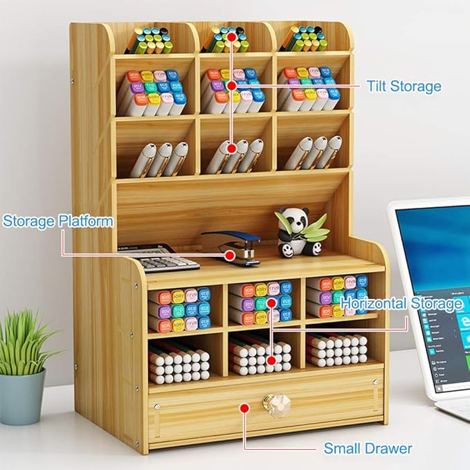 Hggzeg Wooden Desk Organizer with Drawer, Large Capacity DIY Pen Holder Storage Box Desktop Stationary Storage Rack, Pen Organizer Caddies for Office, Home and School Supplies (B16-Cherry Color)