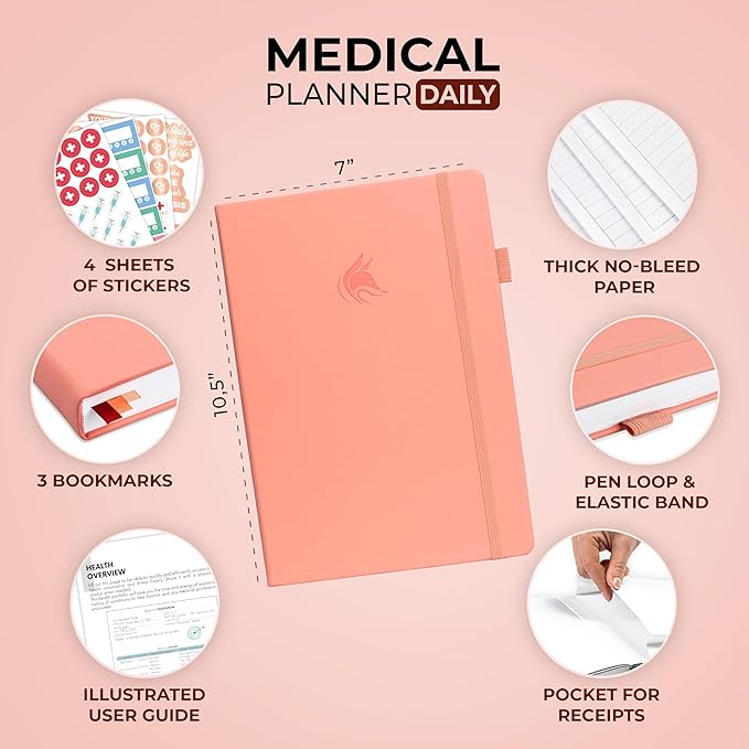 Clever Fox Medical Planner Daily – Health Diary Notebook, Wellness Journal & Self-Care Logbook, Lasts 3 Months, 7x10.5″ (Light Pink)