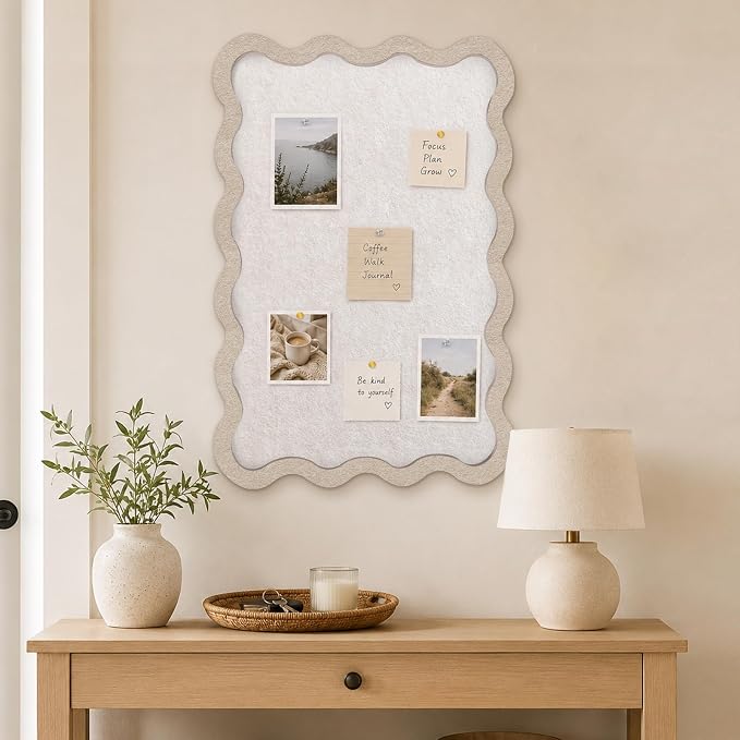 Scalloped Felt Bulletin Board, Sized 36" x 24" Felt Cork Board Alternative for Office & Wall Decor, Customizable Adhesive Tiles with Pins Hooks for Photo Display School Home Office, Oatmeal