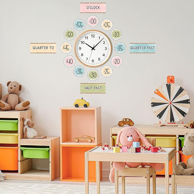 FYSUIMU 16 Pcs Telling Time Bulletin Board Decorations Back to School Boho Colored Clock Numbers Labels Classroom Decor with Glue Points Teaching Clock for Kids First Day of School Teacher Supplies