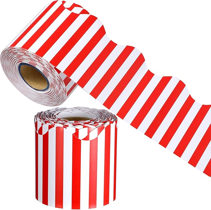 65 Feet Scalloped Bulletin Board Border for Classroom Self Stick Striped Popcorn Borders Wavy Line Border for Bulletin Cork Board Desk Classroom Party Supplies Decor(Red and White Stripes)
