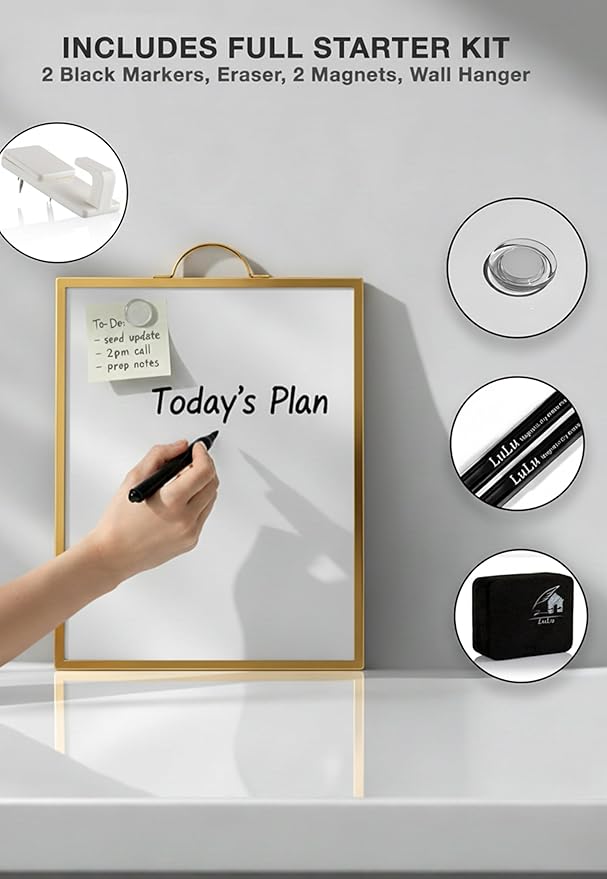 Magnetic Dry Erase Whiteboard, 12 x 16 in, 2-Sided Small Portable Whiteboard with Handle for Desk Or Wall, Gold Frame, Includes Markers, Eraser and Magnets