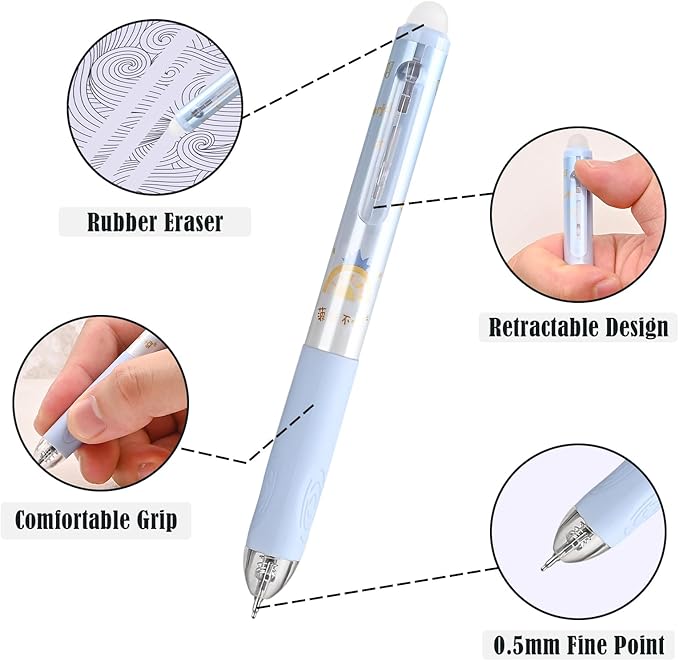 BAYTORY 8 Pcs Retractable Erasable Gel Pens, 0.5 mm Fine Point Black and Blue Ink Erasable Pens, Pen with Eraser Makes Mistakes Disappear, Smooth Writing for Journaling Planners (Morandi)