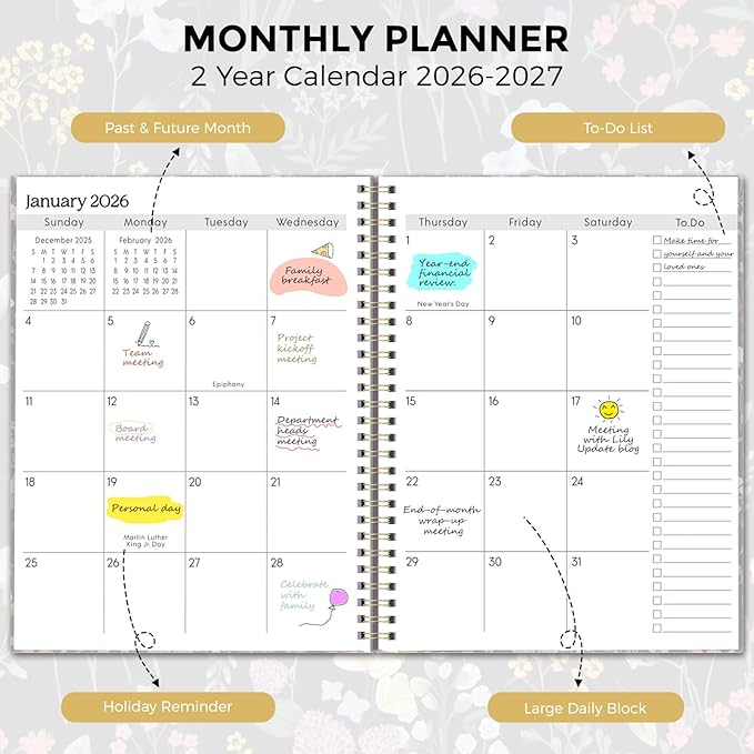 SKYDUE Monthly Planner 2026-2027, 24 Months Calendar Planner 2026-2027, 7.5" x 10" B5 Planner, Twin-wire Spiral Bound, Durable Waterproof Cover, Thick No-Bleed Paper, BlackFloral
