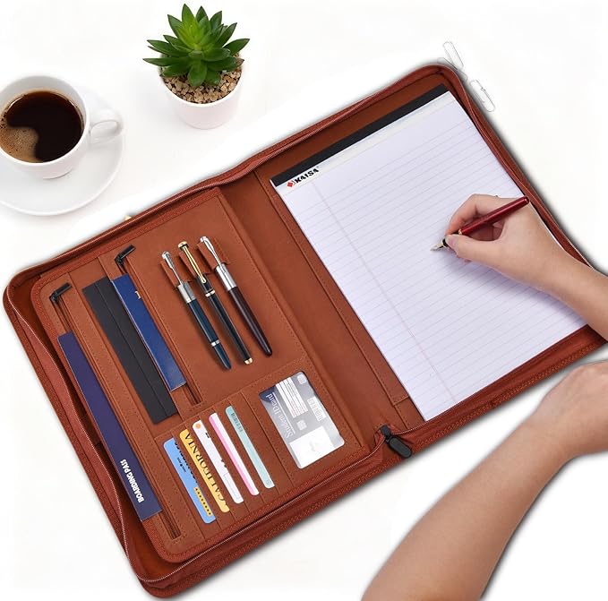 Premium Vegan Leather Padfolio with Zipper – 8.5" x 11" Portfolio Organizer for Legal Pads & Spiral Notebooks – Professional Business Folder for Men and Women (Brown)
