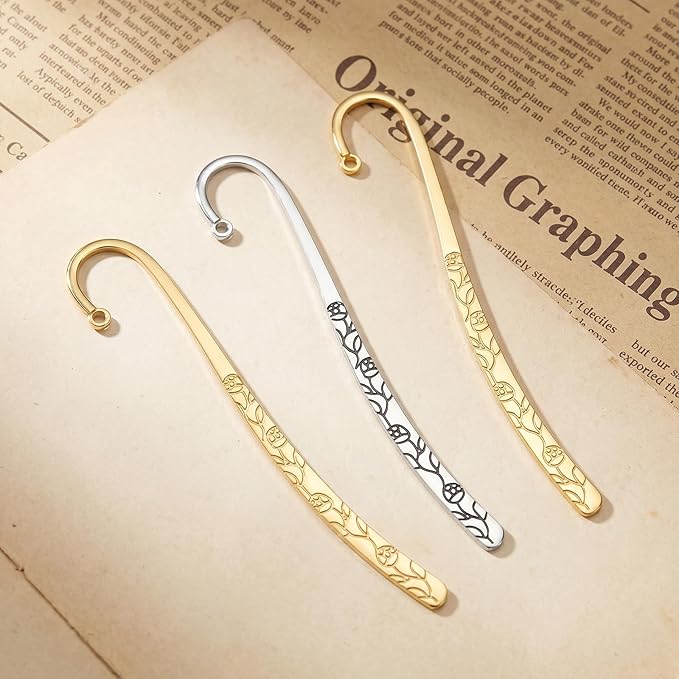 10pcs Metal Bookmark, Antique Carved Metal Bookmark Set Hairpin Hook Design with Loop Embossed Book Markers for Book Lovers Jewelry Making Charms, 5 Gold & 5 Vintage Silver