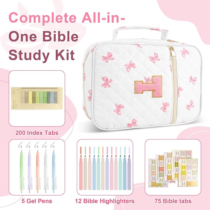 Personalized Initial Bible Cover Case for Women Girls Kid - Large Quilted Bible Case with Handle, Stylish Chenille Letter Bag Study Supplies, Perfect Christmas Gifts for Christians Women (Pink Bow-T)