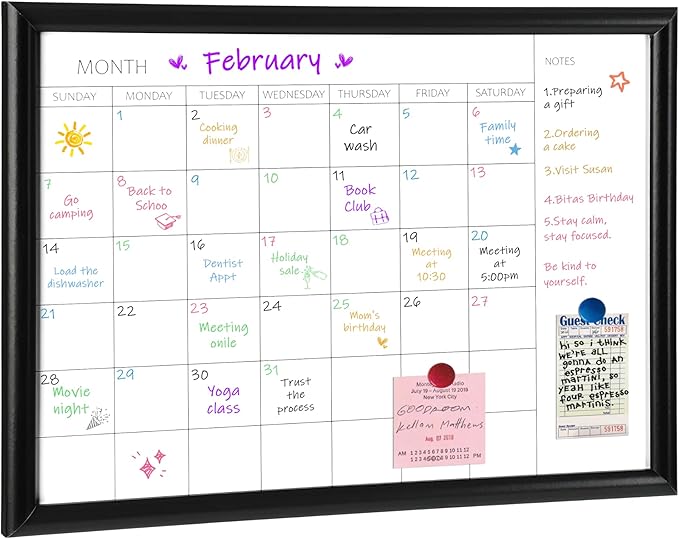 TORASO Dry Erase White Board & Monthly Calendar Board, Black Wooden Frame, Small Size Planning Board for Office, School and Home, 12" x 16"
