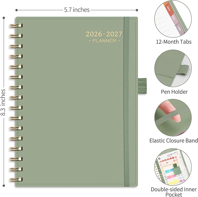 RETTACY Academic Planner 2026-2027, Weekly and Monthly, July 2026 - June 2027, Medium Size (5.7" x 8.3"), Calendar, Agenda, 12-Month Tabs, for Student, Teacher, School (Light Green)