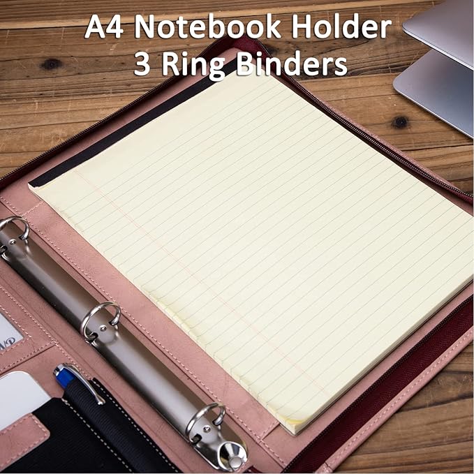 Personalized Leather Portfolio with 3 Ring Binder, Vegan Leather Padfolio Zippered, A4 Notebook Holder Customized Business Folder Organizer Gift for Women, Pink