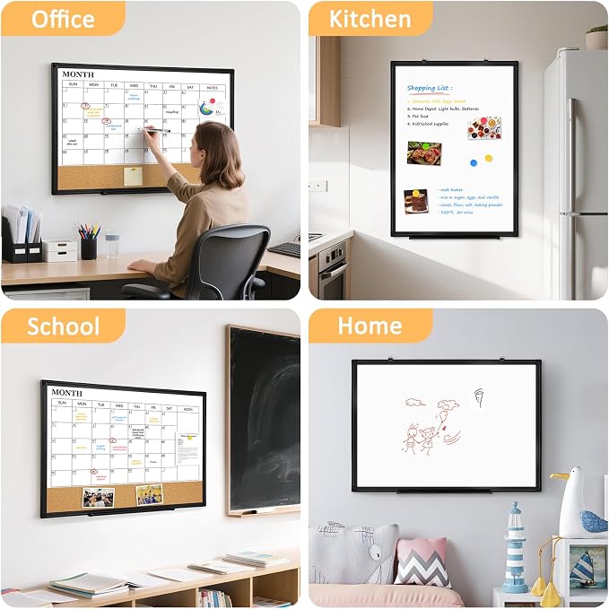 Dry Erase Calendar Whiteboard for Wall, 30"x20" Magnetic Monthly White Board Cork Board Combo, Double Sided, Black Aluminum Frame, Wall Hanging Wipe Board for Home, Office, School, Dorm