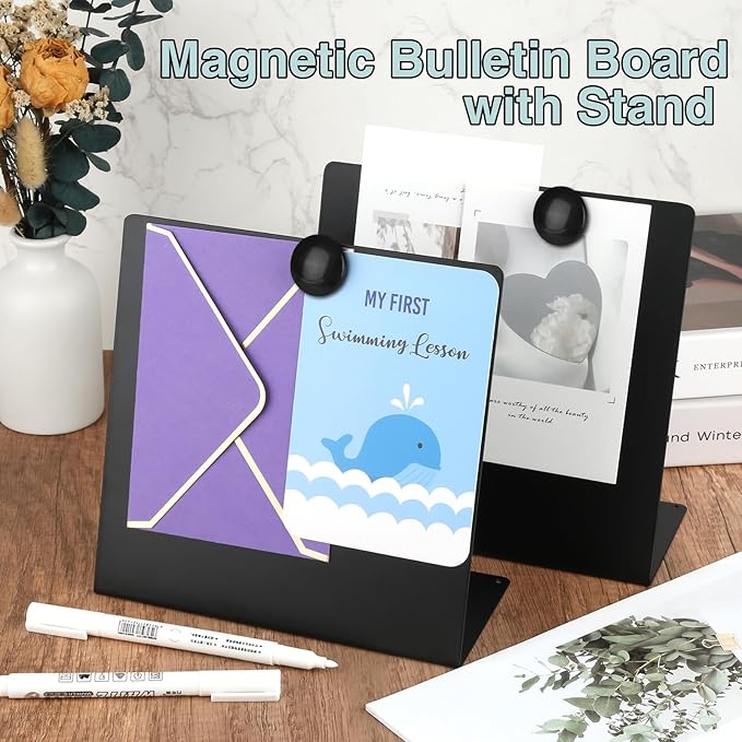 2 Pcs Magnetic Bulletin Board with Stand, 8x8 inch Magnet Display Stand Metal Tabletop Memo Board Magnetic Menu Easel Board for Home,Kitchen,School,Office Decor