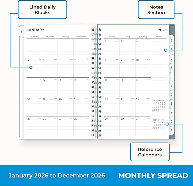 Blue Sky 2026 Weekly and Monthly Planner Calendar, January 2026 - December 2026, 5" x 8", Flexible Frosted Cover, Laminated Tabs, Durable Twin Wire Binding, Amitza